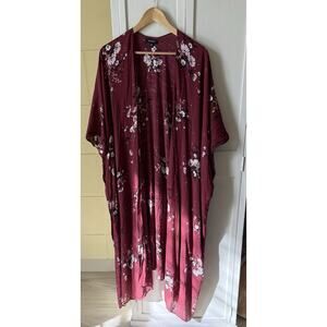 Torrid Top Womens 3X/4X Maroon Floral Kimono Lightweight Boho Hippie Festival
